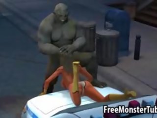 Fantastic 3d diva lays on a polisiýa maşyn and sucks a monsters pecker