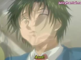 Anime milf licking a teen pecker and gets jizz