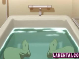 Two hentai girls joins youth in bath