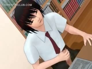 Brašs anime jauns dāma fucks liels dildo uz bibliotēka